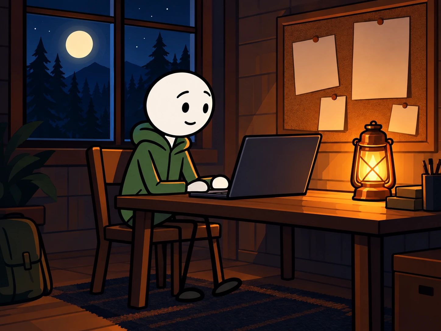 The stick-figure mascot working at a laptop by lantern light at night.